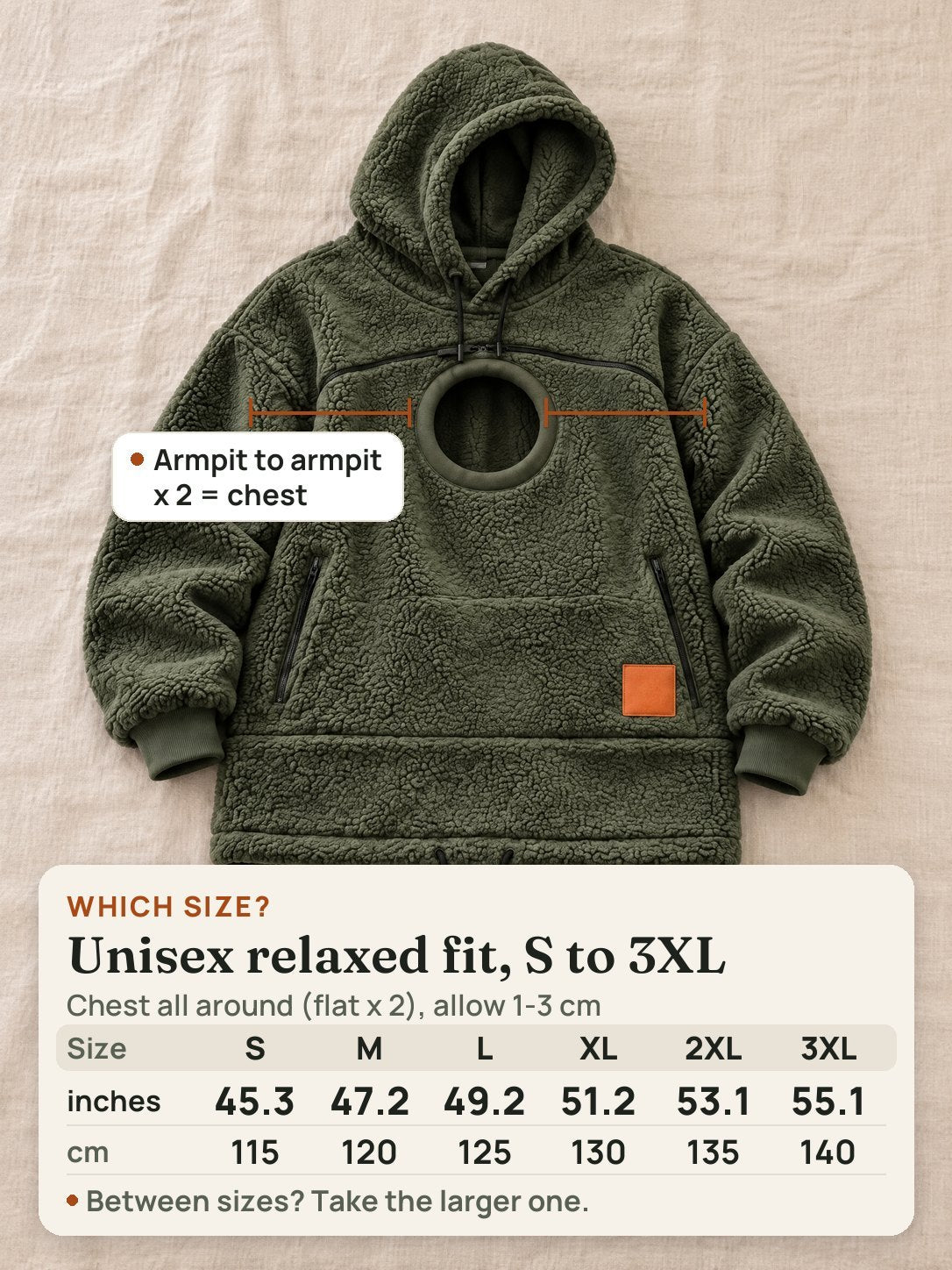 The olive cat pouch hoodie laid flat with a chest size chart from S to 3XL
