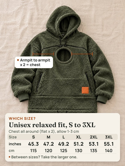 The olive cat pouch hoodie laid flat with a chest size chart from S to 3XL
