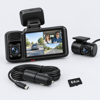 The 4K 3-channel dash cam with its GPS mount, rear camera, 12V power cable and 64GB card