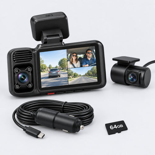 The 4K 3-channel dash cam with its GPS mount, rear camera, 12V power cable and 64GB card