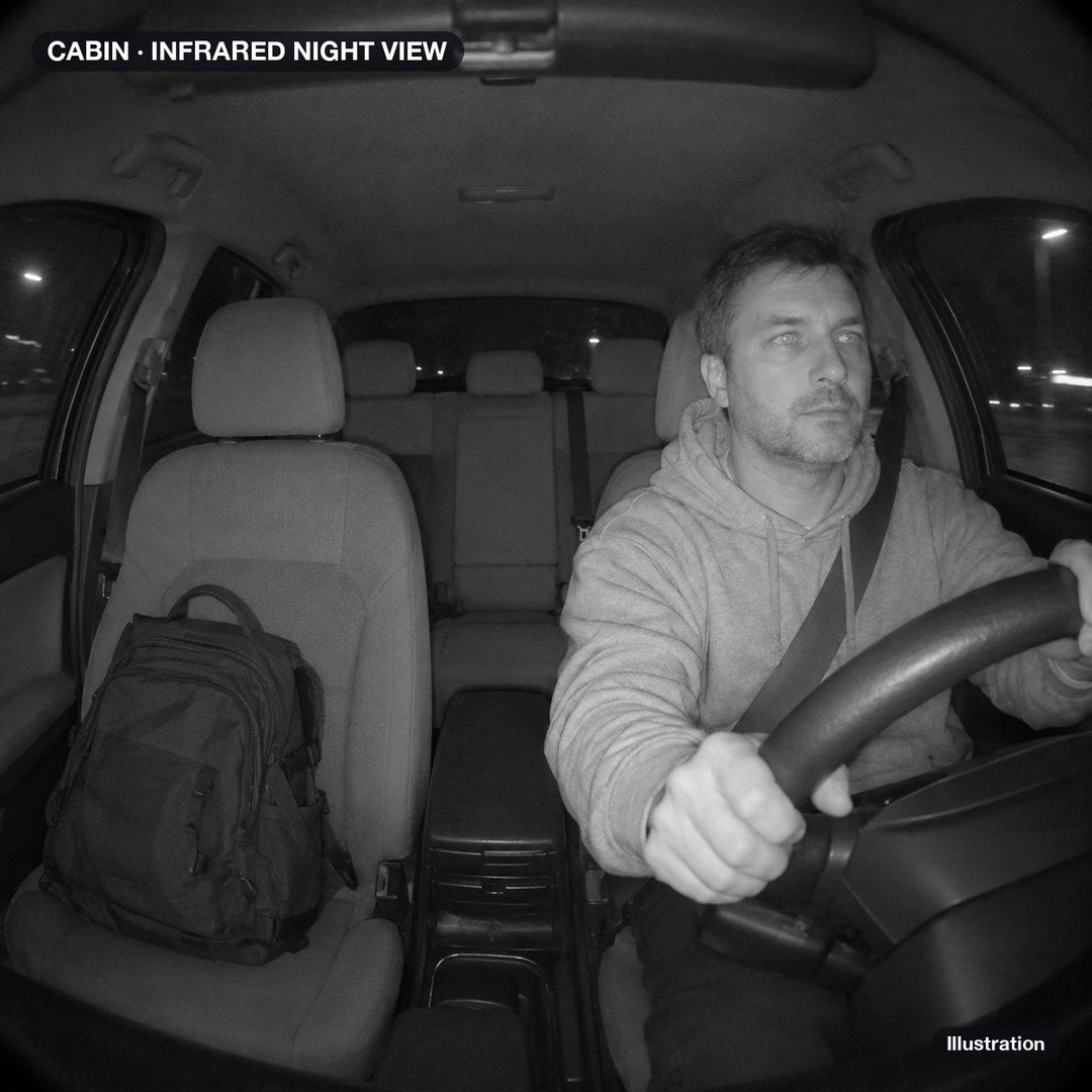 Illustration of the cabin camera's black-and-white infrared view at night