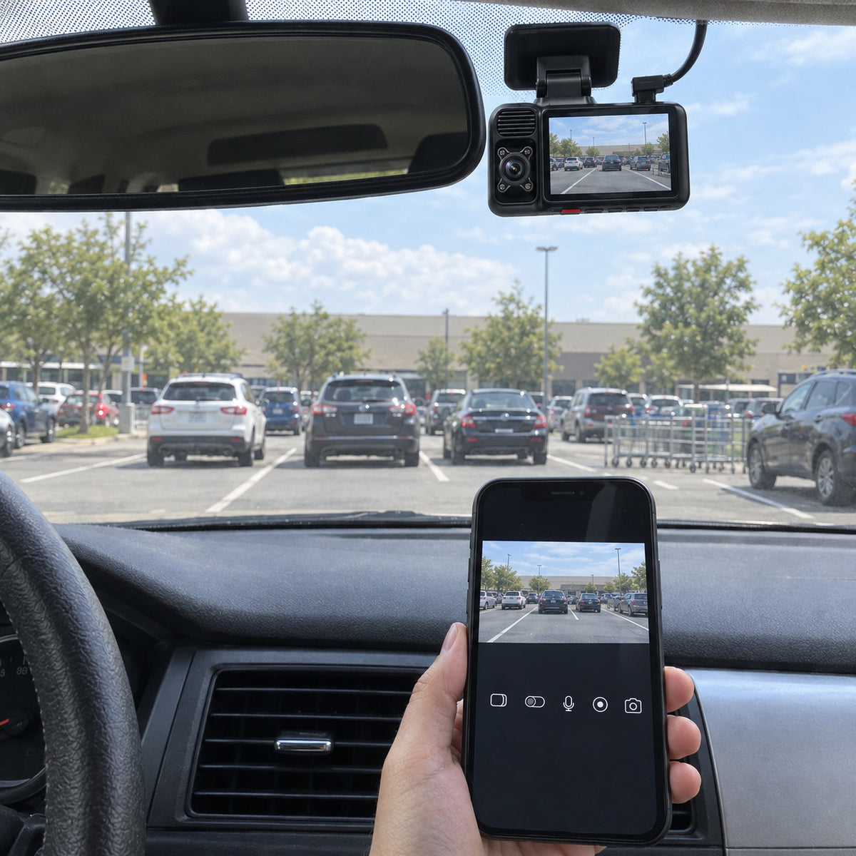 In a parked car, a hand holding a phone with the camera view in the free app, the dash cam behind the mirror
