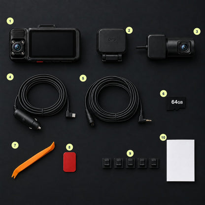 Everything in the box, numbered 1 to 10: camera, GPS mount, rear camera, cables, 64GB card, trim tool, pad, clips, manual