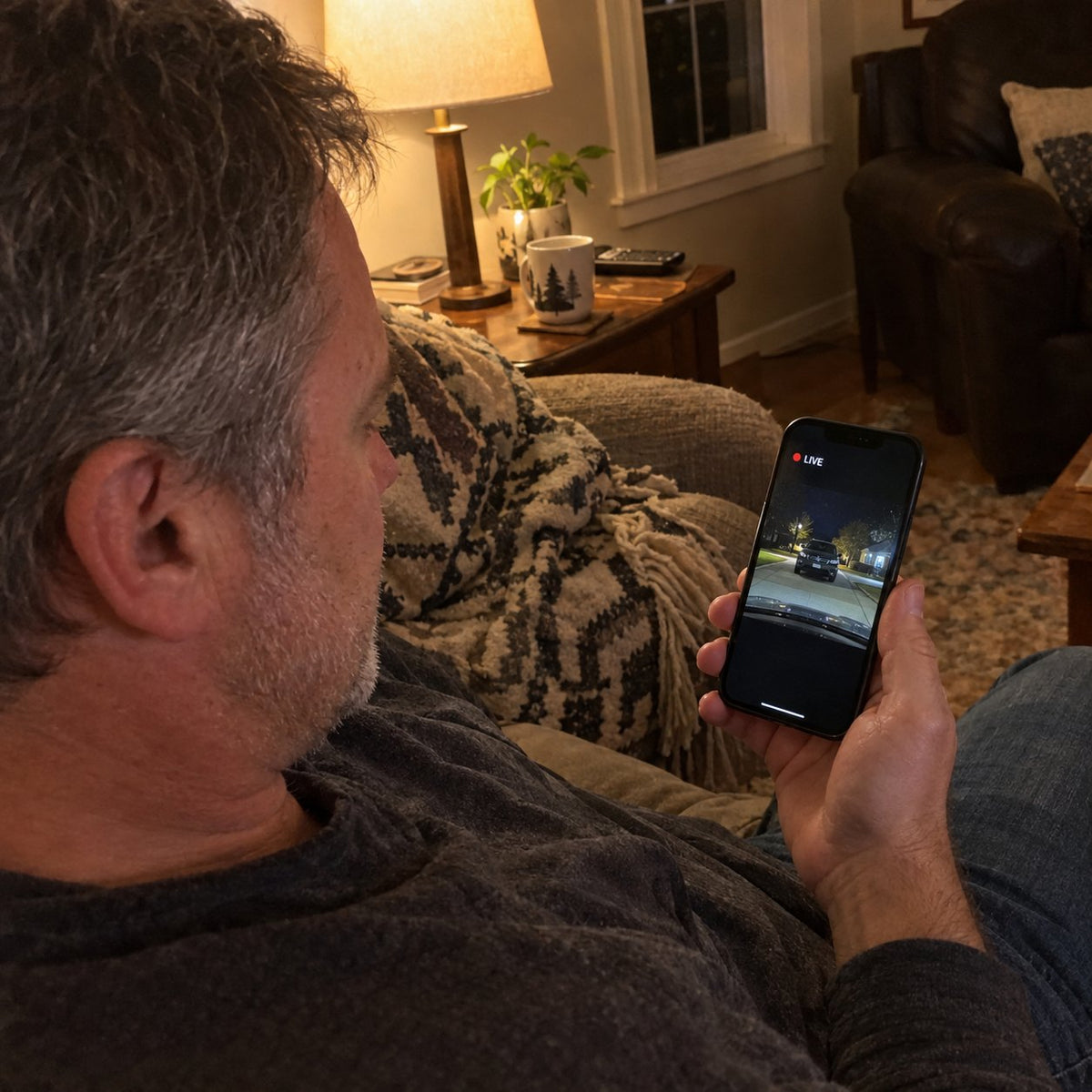 Watching the parked car live on a phone from the couch