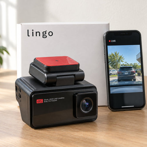 4G dual-lens car camera on a table with its lingo box and a phone showing the live view