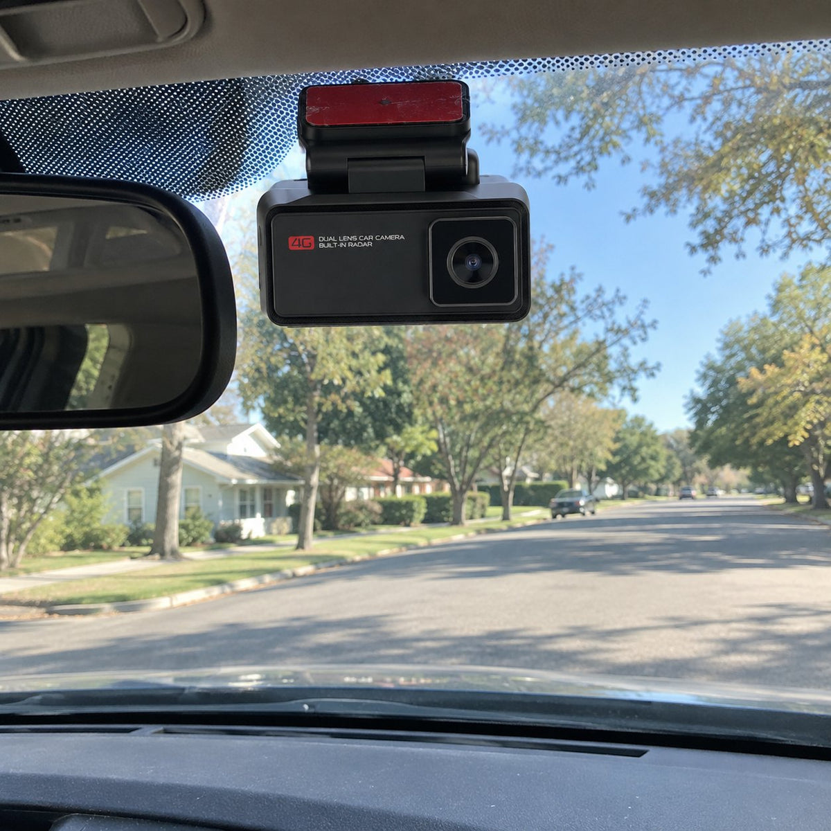The camera mounted behind the rear-view mirror