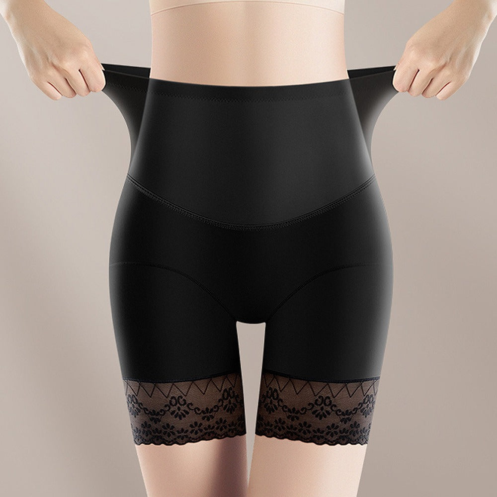 Faja short negra de cintura alta, tela elástica y encaje en la pierna