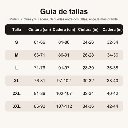 Guía de tallas de la faja short: cintura y cadera en cm y pulgadas