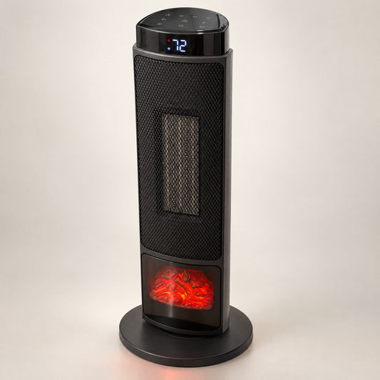 Lingo Fireplace Tower Heater, black ceramic tower heater with a red-orange flame light, front three-quarter view