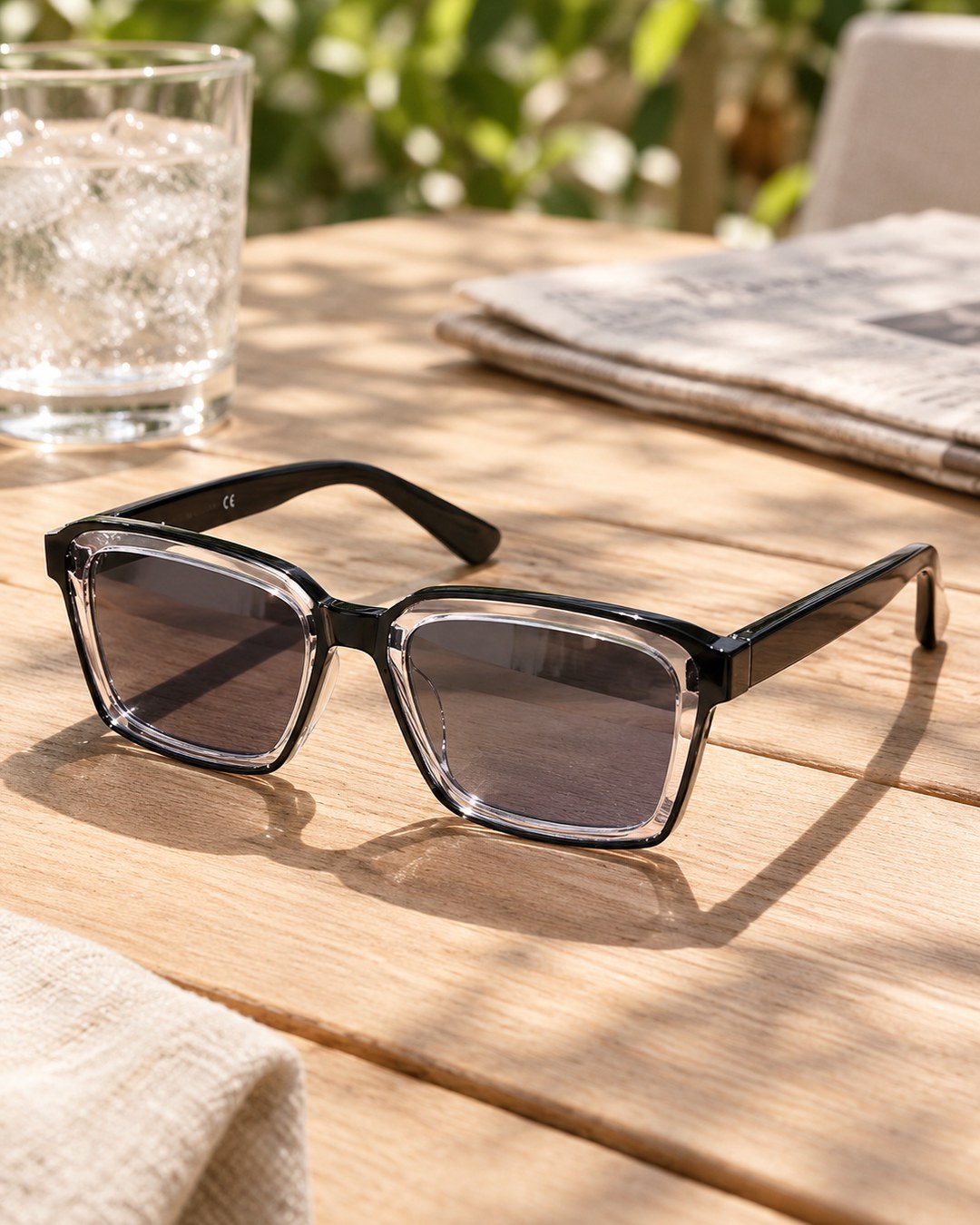 The reading glasses with lenses darkened like sunglasses on a sunny cafe table
