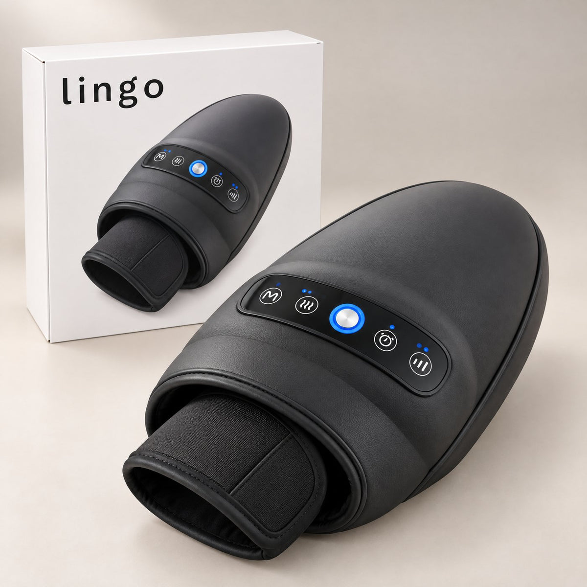 Black heated hand massager next to its lingo box