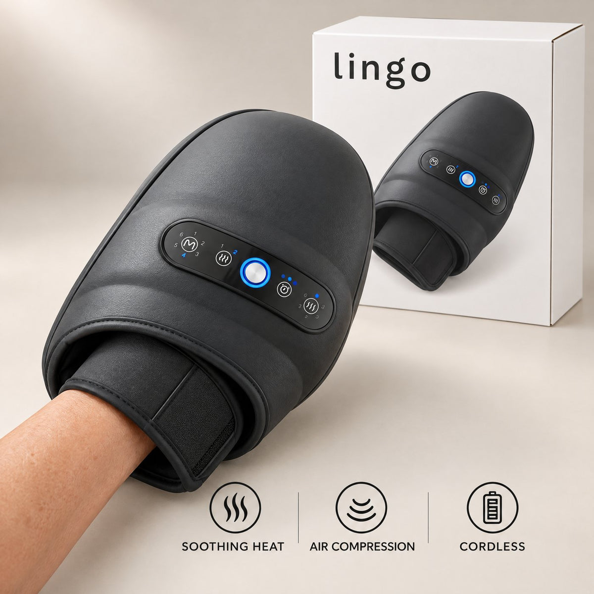 Black heated hand massager with a hand inside, next to its lingo box: soothing heat, air compression, cordless