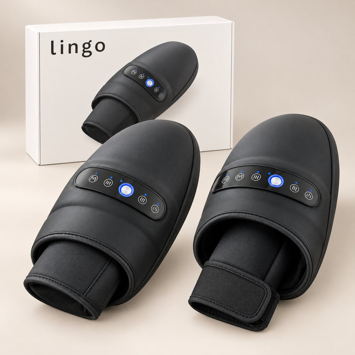 Two hand massagers side by side with their lingo box