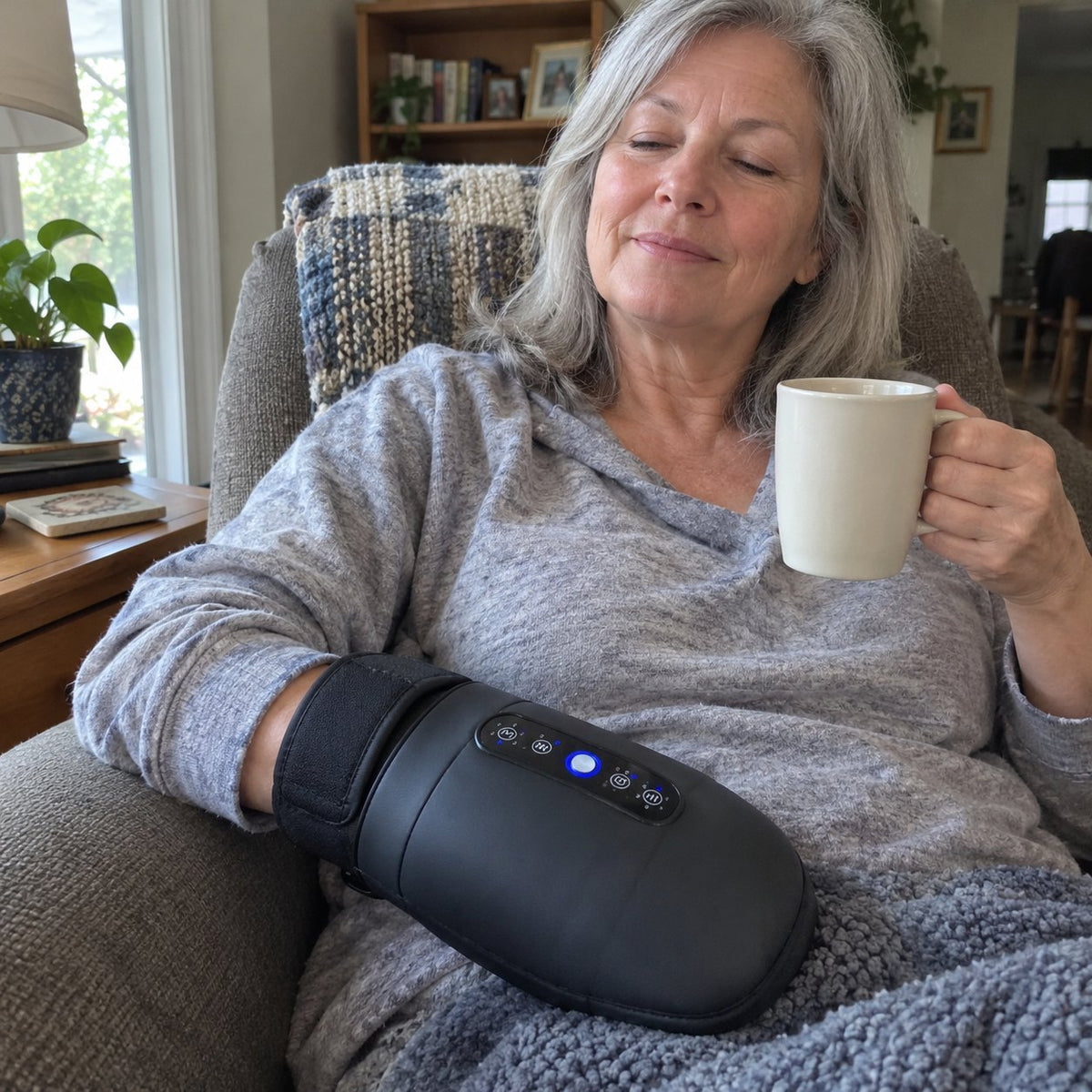 Woman of about 65 relaxing with her hand in the massager and a coffee in the morning