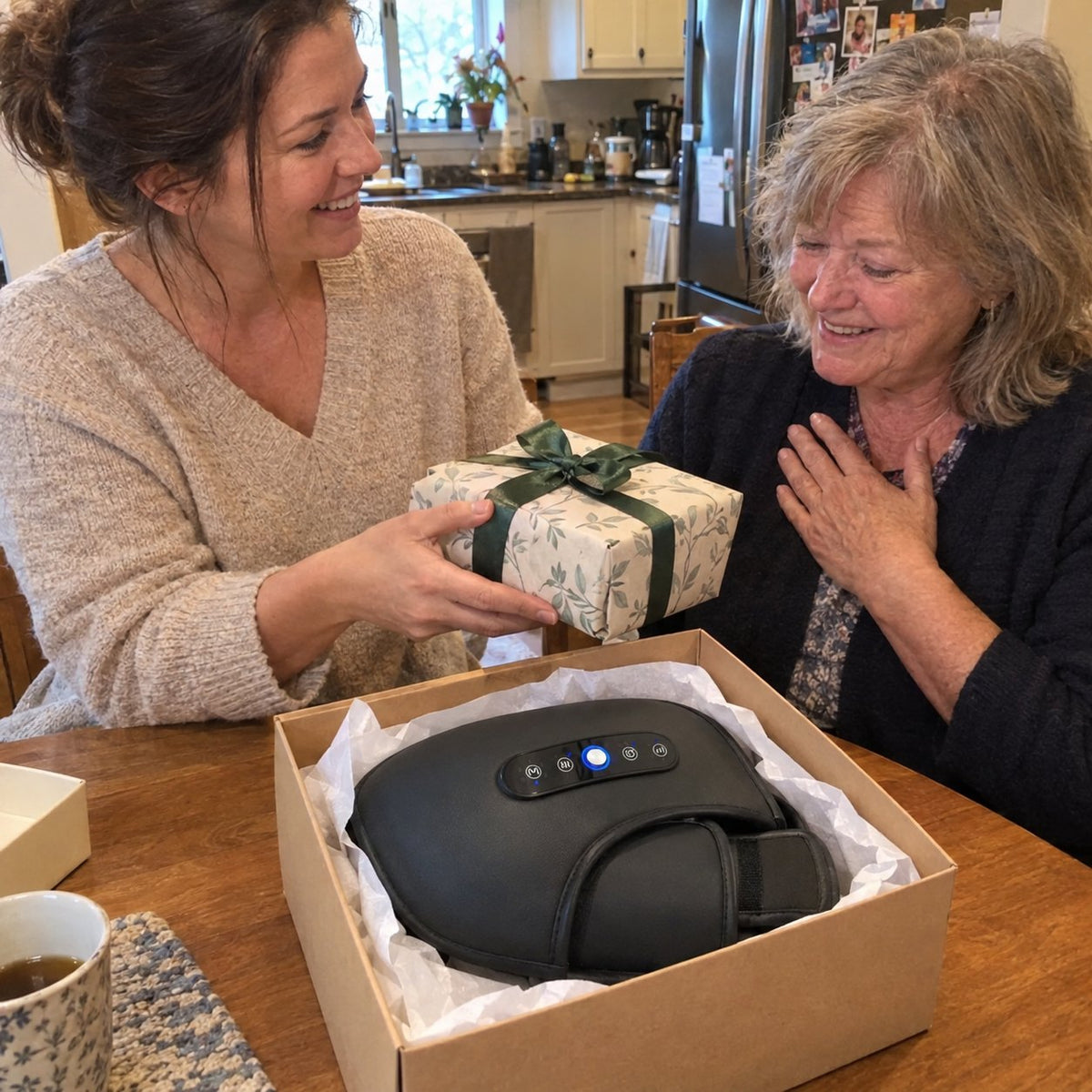 A daughter giving her mother a hand massager as a gift