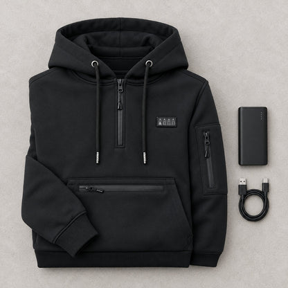 What's in the box: the black heated hoodie folded, a USB power bank and a USB cable