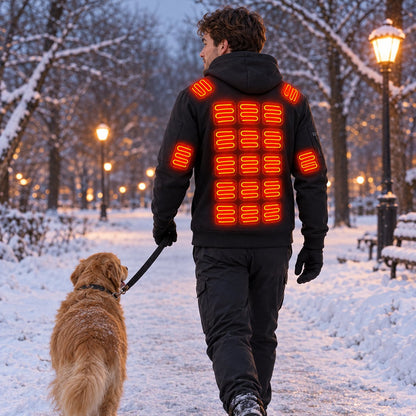 Man walking a golden retriever in a snowy park at dusk, the heating zones on the back of his hoodie glowing