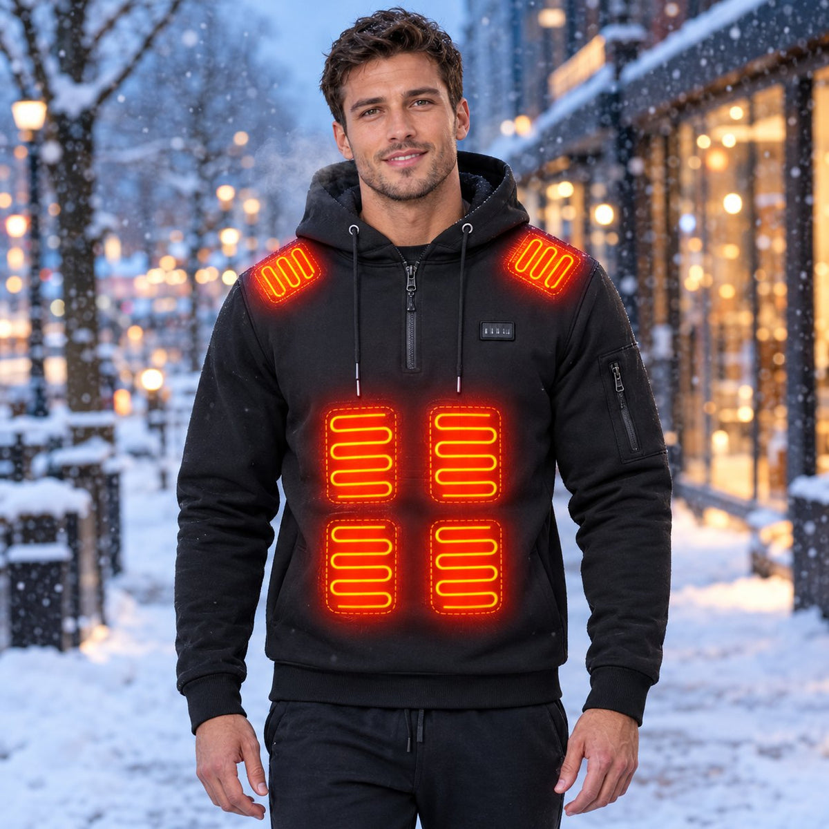 Man wearing the black 26-zone heated hoodie on a snowy street, the heating zones on his shoulders and belly glowing orange