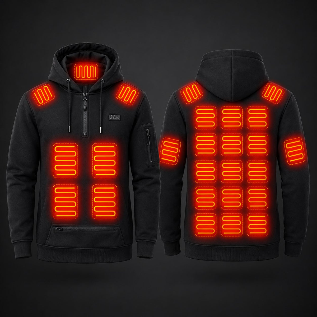 Front and back of the heated hoodie with its 26 heating zones shown glowing: neck, shoulders, belly, full back and arms