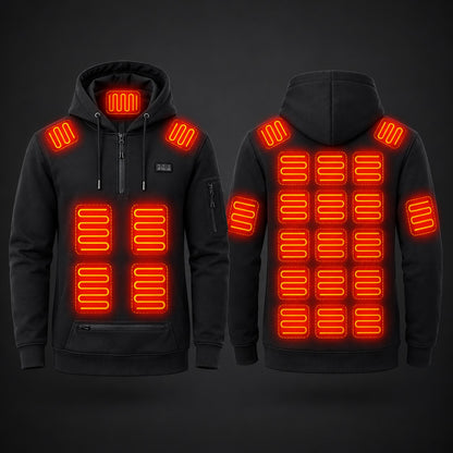Front and back of the heated hoodie with its 26 heating zones shown glowing: neck, shoulders, belly, full back and arms