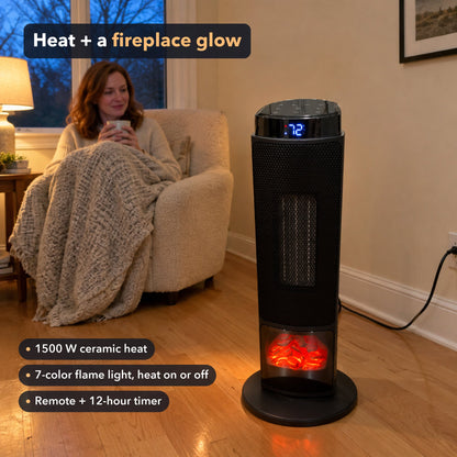 Black fireplace tower heater with a red flame light on a wood floor in a living room at dusk