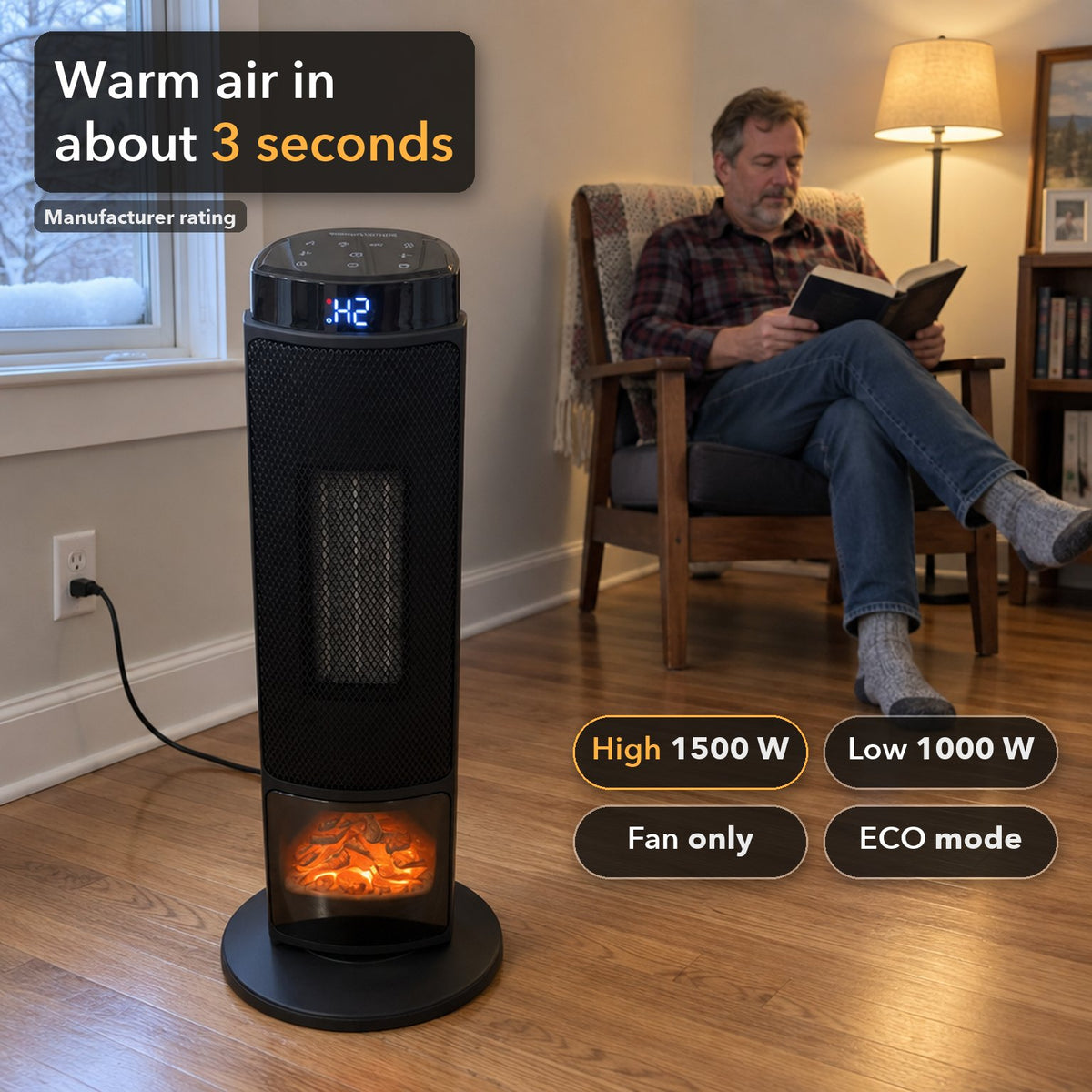 Tower heater on High in a reading corner on a snowy morning