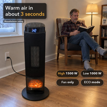 Tower heater on High in a reading corner on a snowy morning