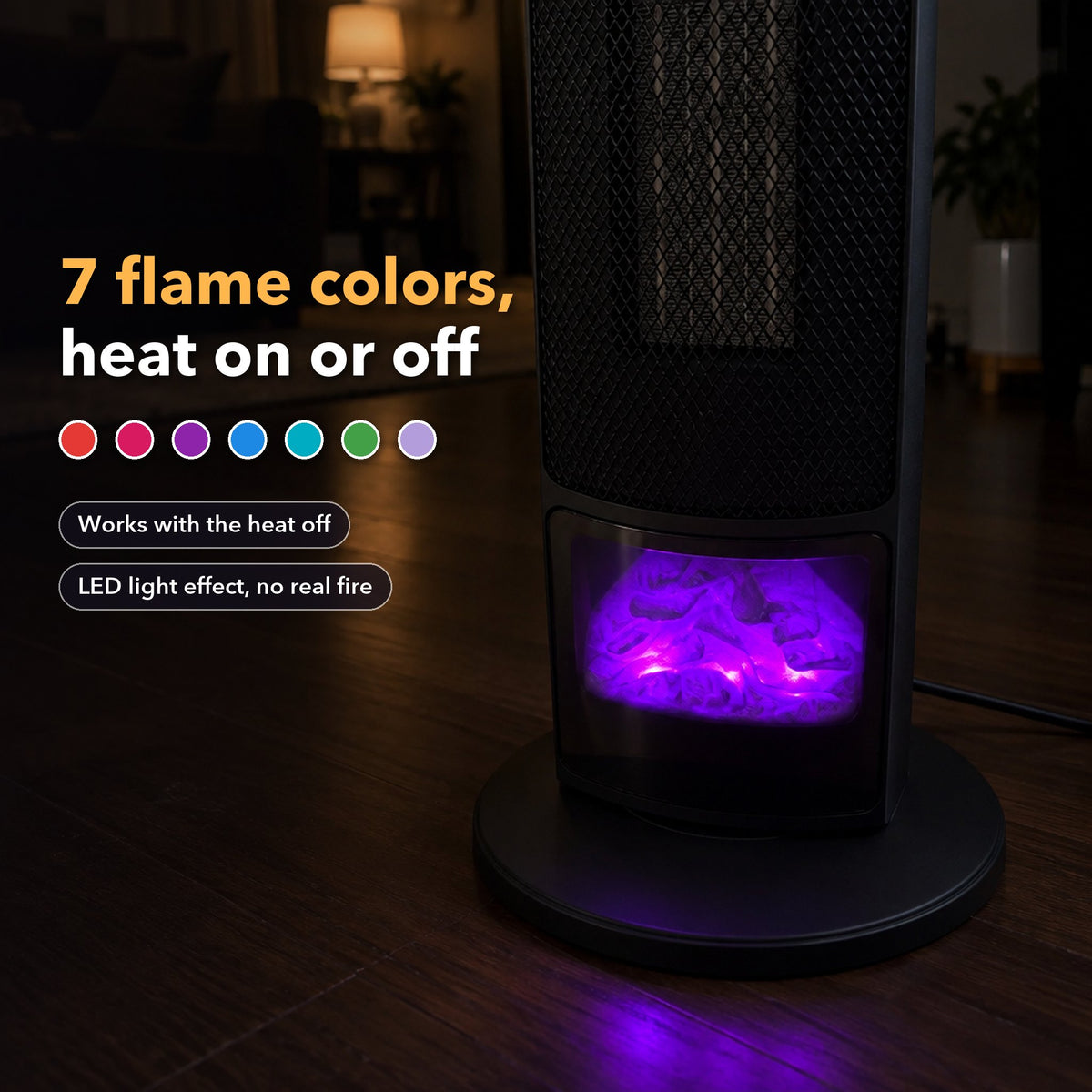 Close-up of the heater's 3D flame window glowing purple at night