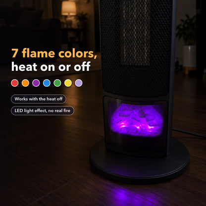 Close-up of the heater's 3D flame window glowing purple at night