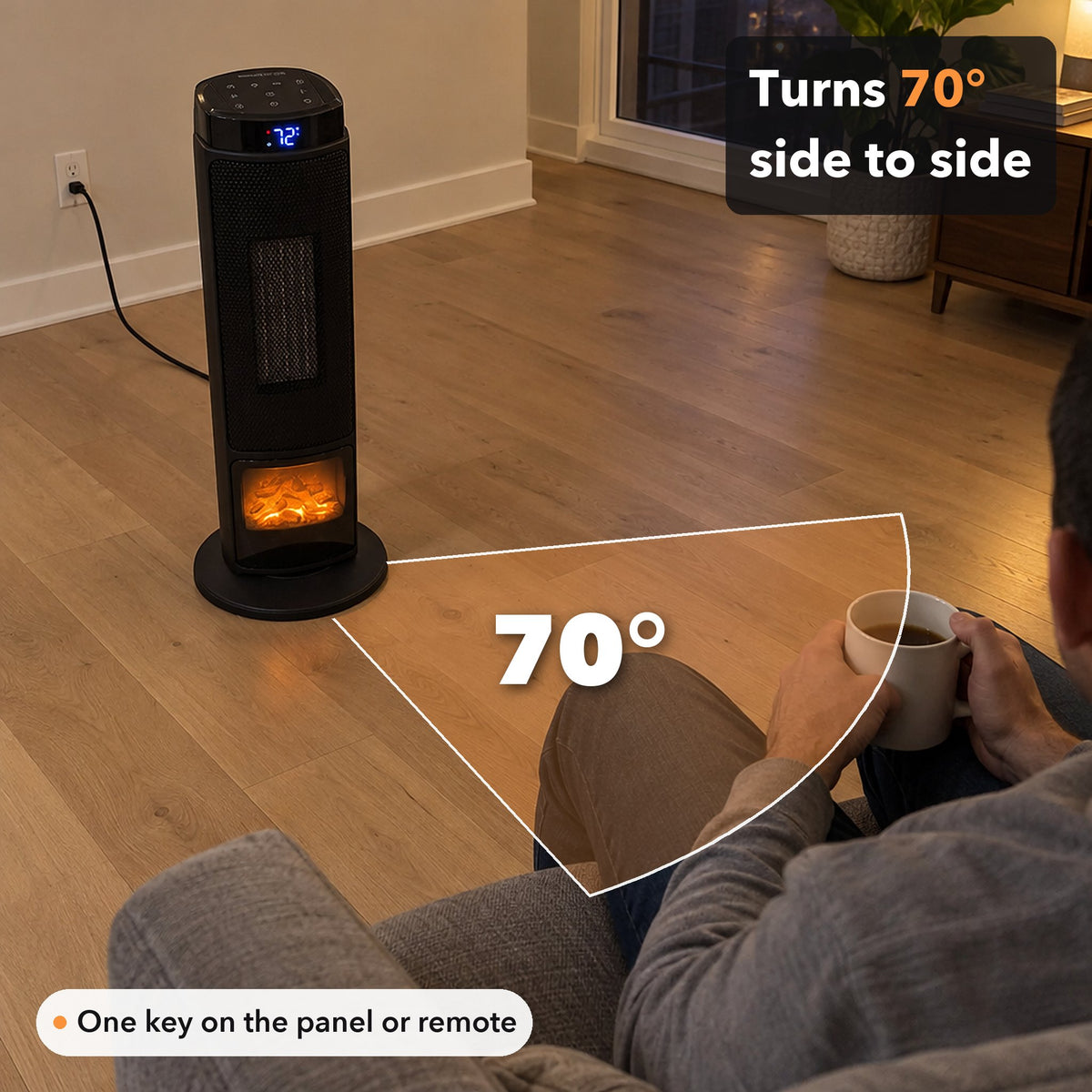 Tower heater seen from above on an oak floor, with its 70-degree sweep drawn in front of it