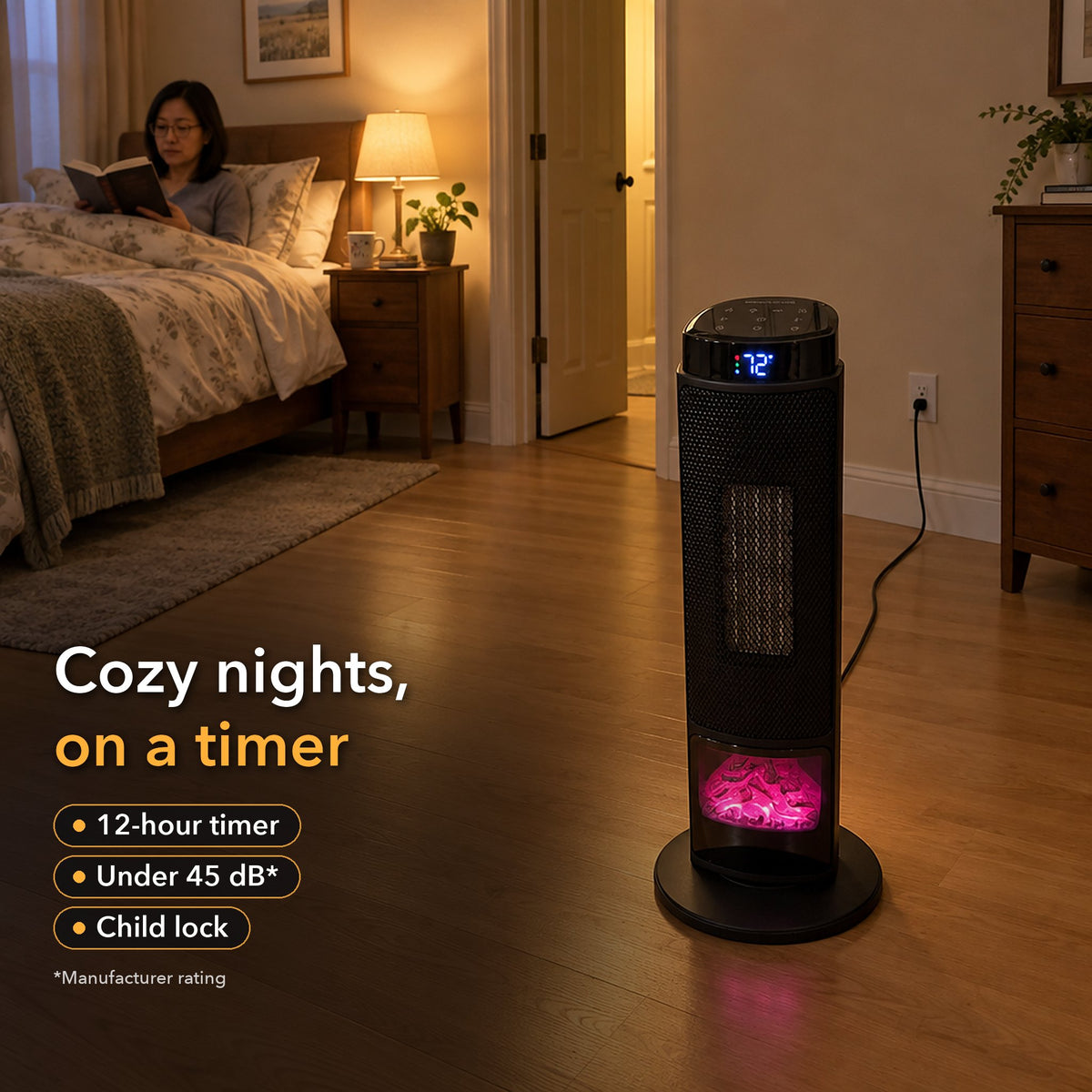 Tower heater with a purple flame light in a bedroom at night, a woman reading in bed