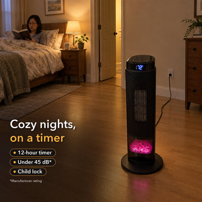 Tower heater with a purple flame light in a bedroom at night, a woman reading in bed