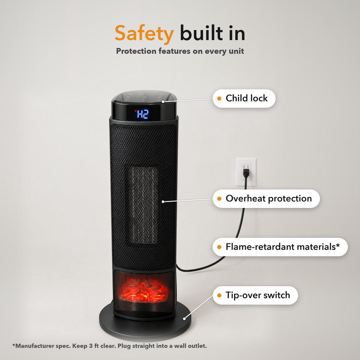 Tower heater plugged straight into a wall outlet, with its safety features labelled