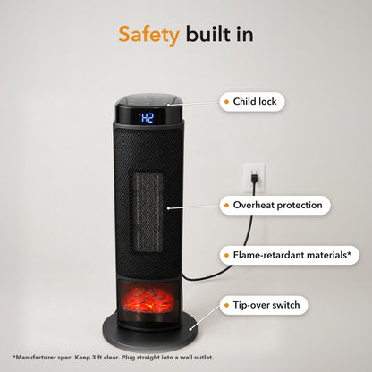 Tower heater plugged straight into a wall outlet, with its safety features labelled