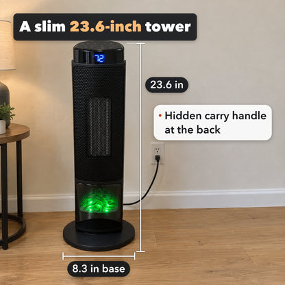 Front view of the 23.6-inch tower heater with its dimensions