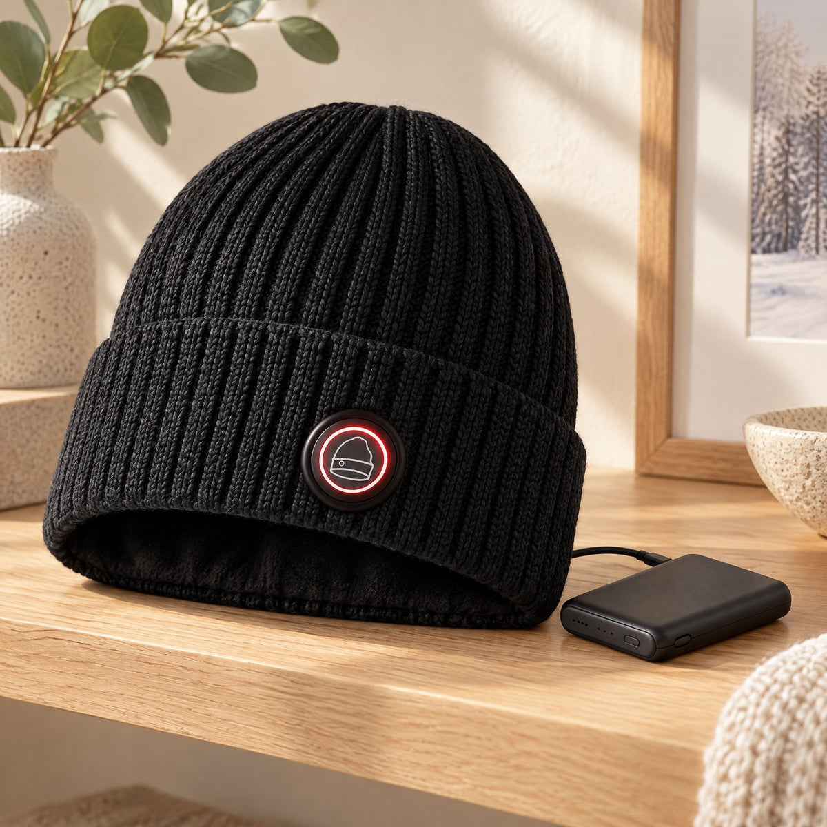 Black heated beanie with its round button glowing red, next to its flat battery