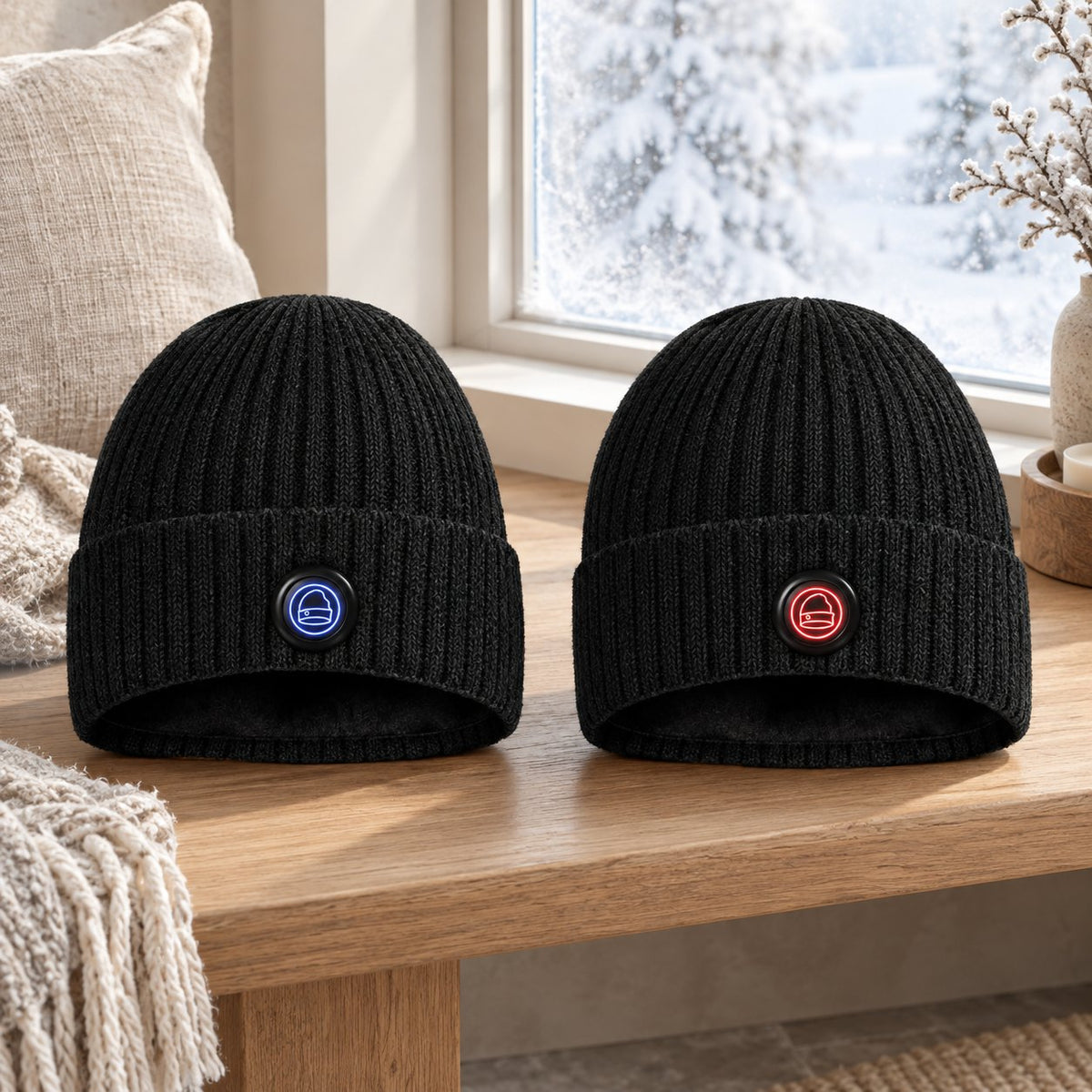 Two black heated beanies, one glowing blue, one glowing red