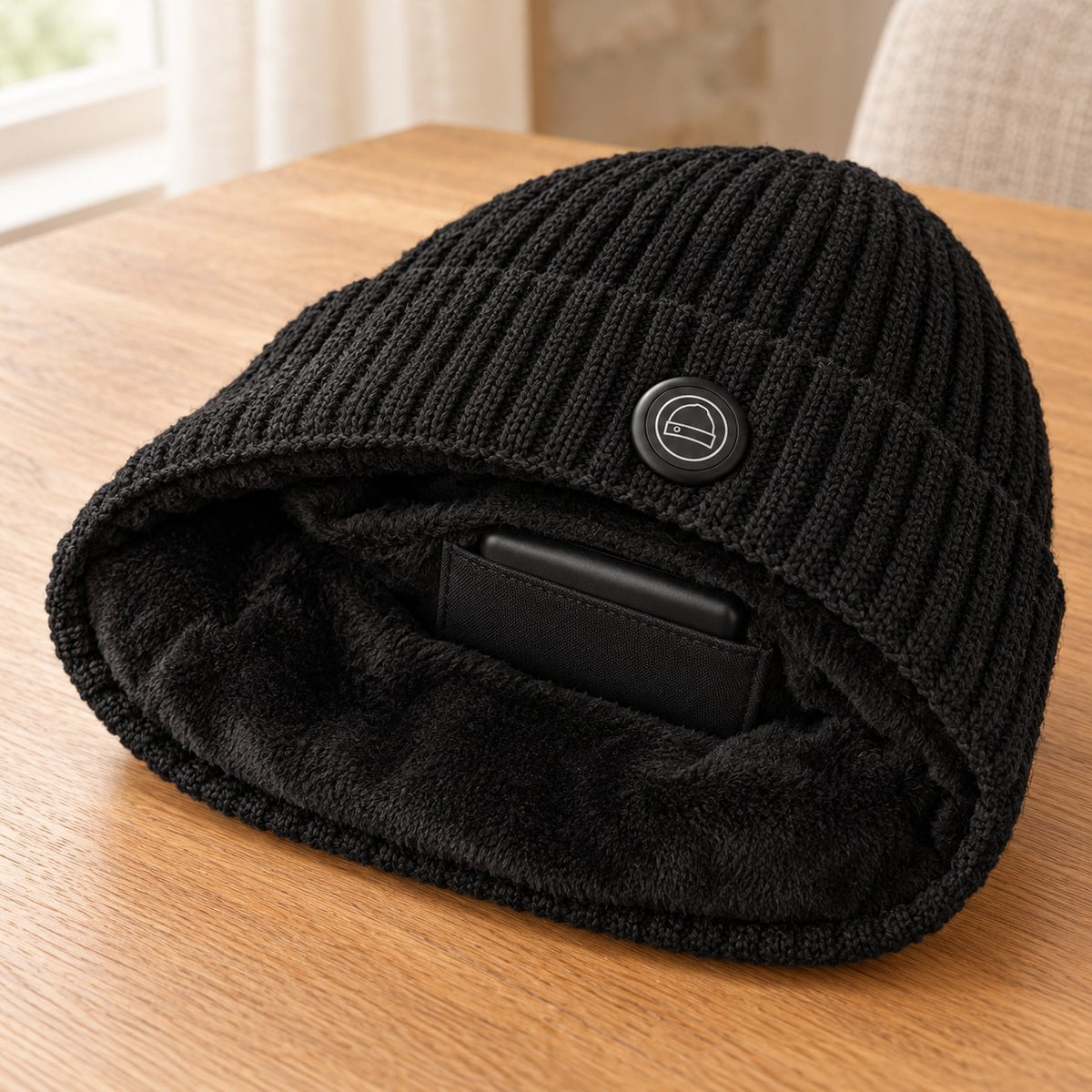 Inside the beanie: soft plush lining and the battery pocket