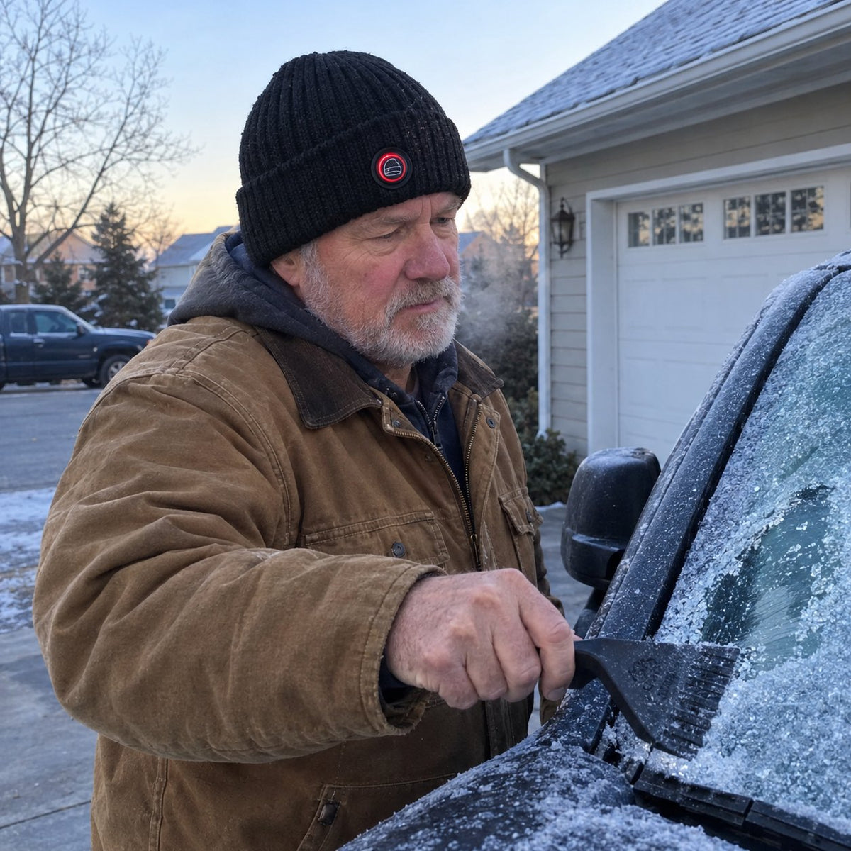Man scraping frost off his truck at dawn wearing the heated beanie