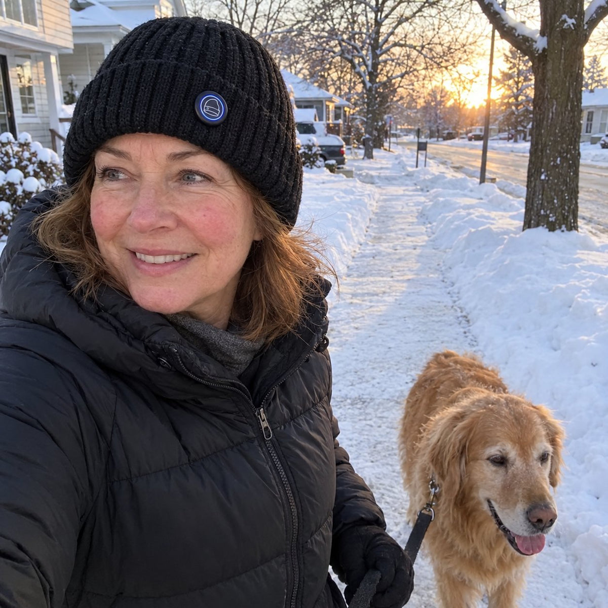 Woman walking her dog on a snowy sidewalk wearing the heated beanie