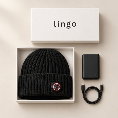 What's in the box: the heated beanie and its battery in the lingo box