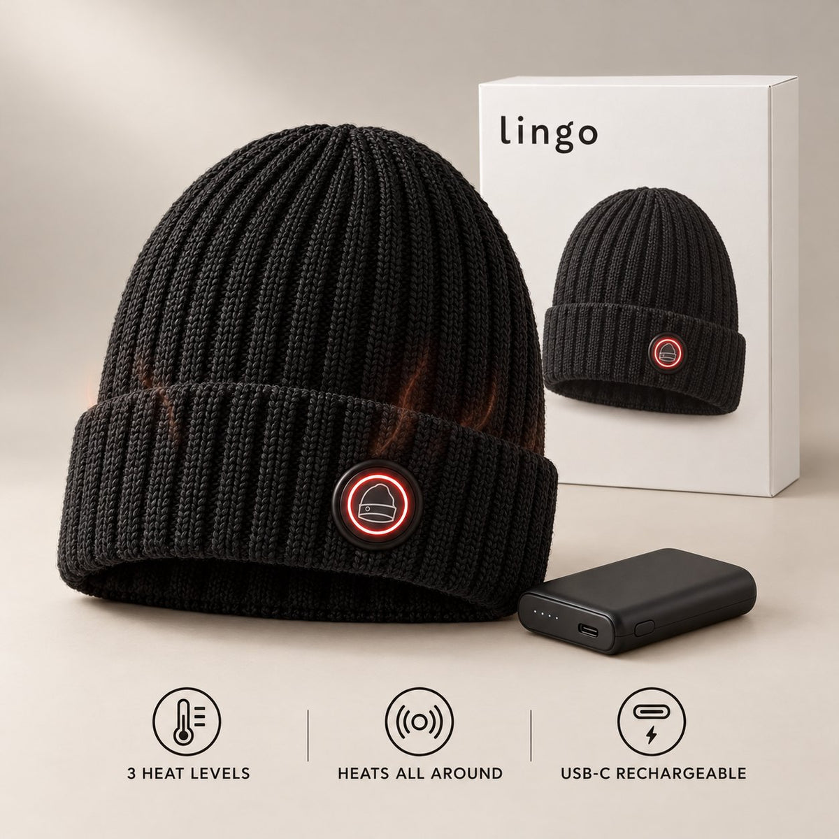 Black heated beanie with its battery and lingo box: 3 heat levels, heats all around, USB-C rechargeable