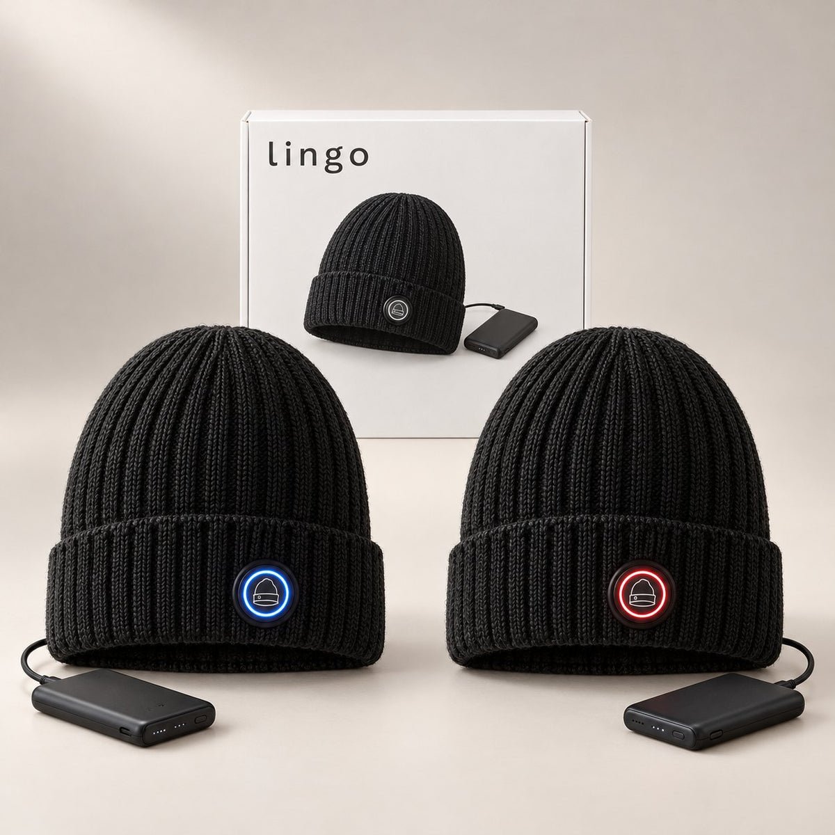 Two heated beanies, one glowing blue, one glowing red, with the lingo box