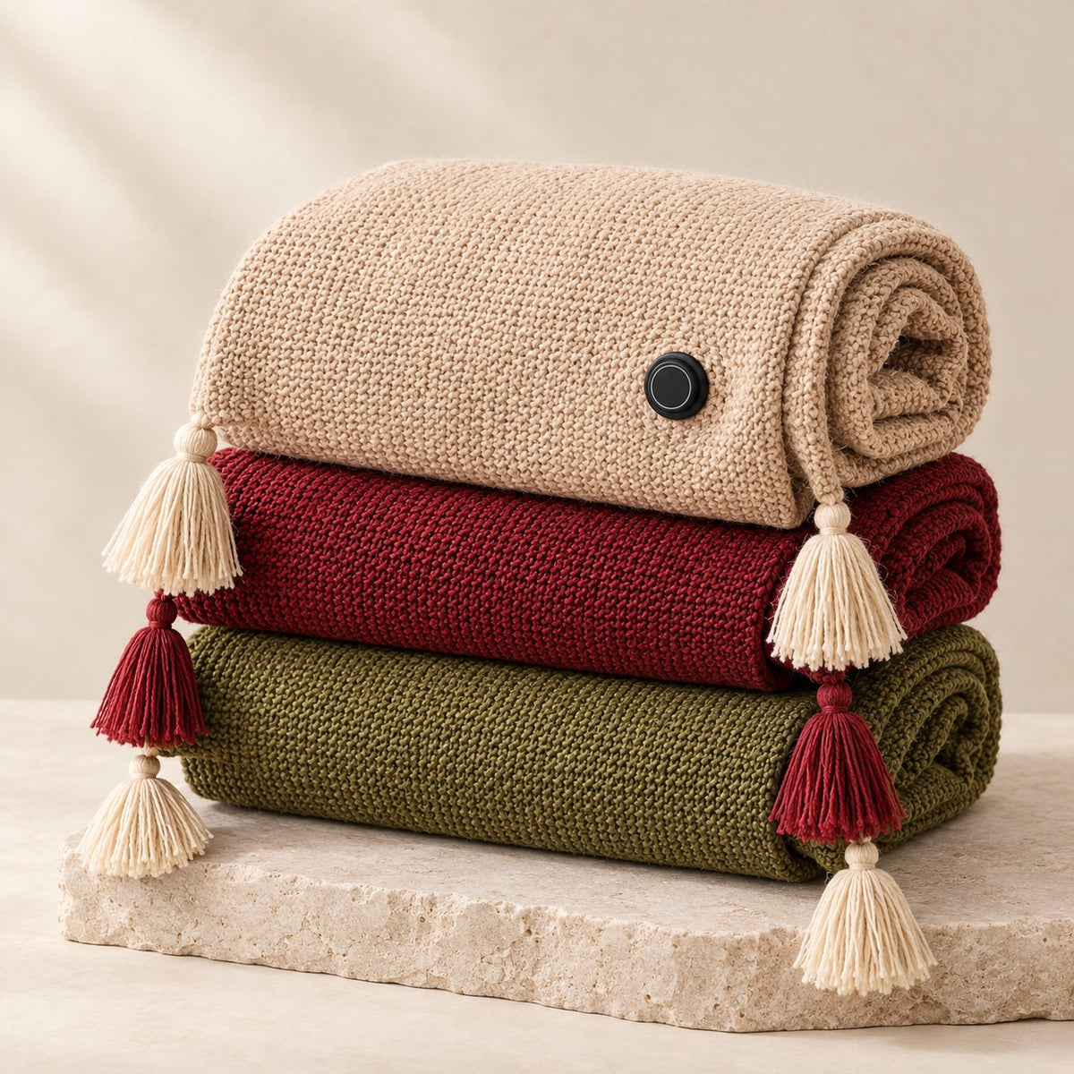 Heated shawl colors: beige, red and green