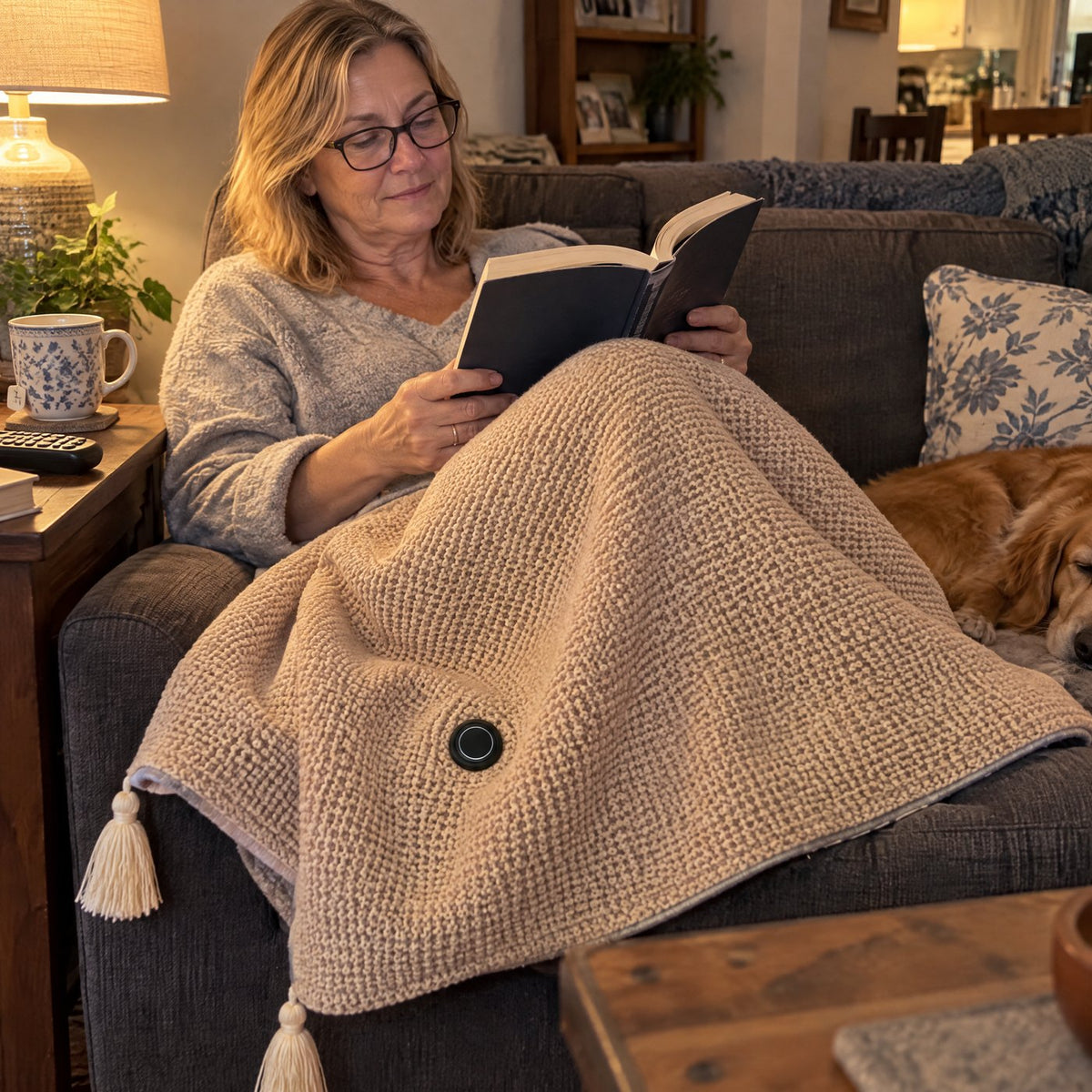 The heated shawl as a lap blanket on the couch