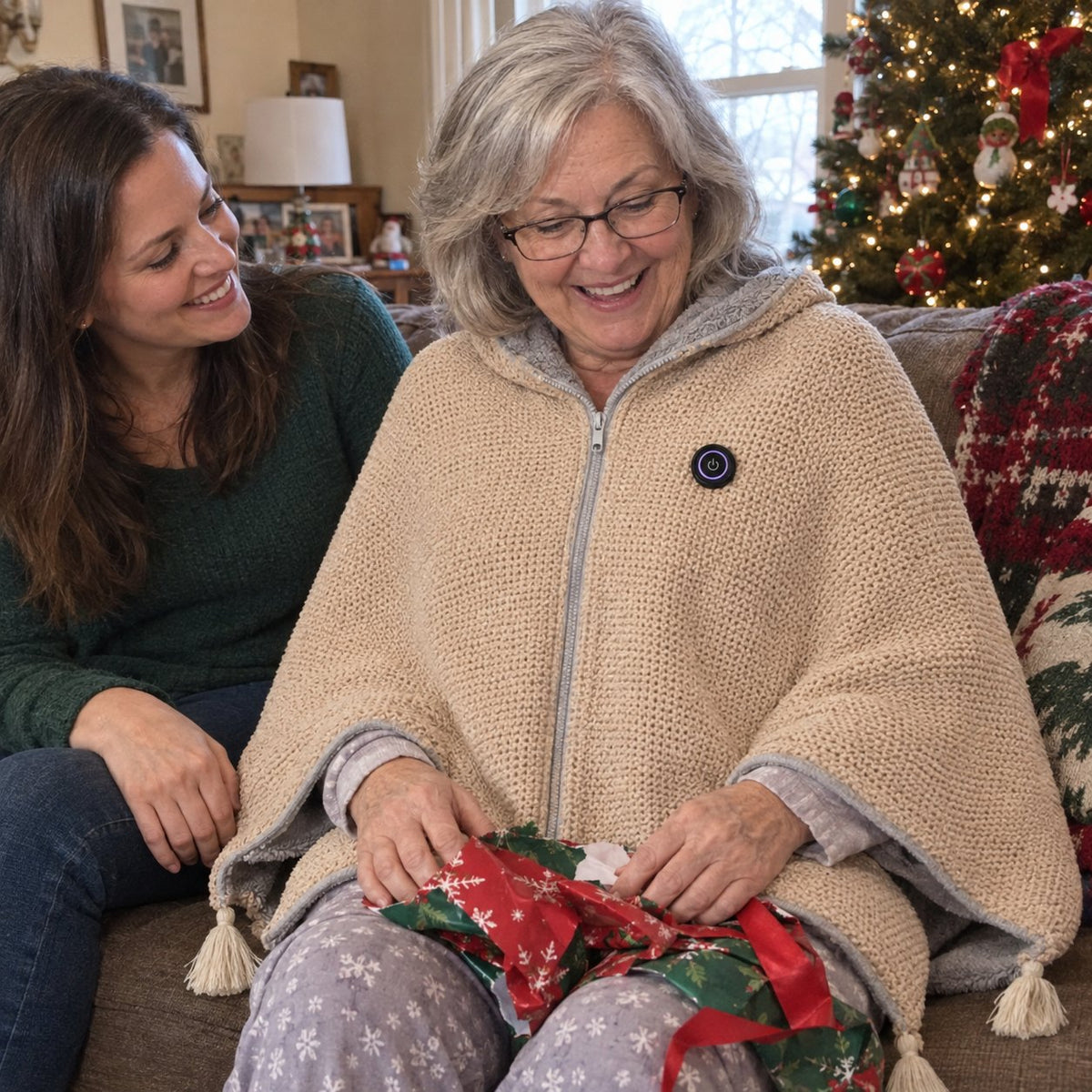 Mom wearing her new heated shawl on Christmas morning