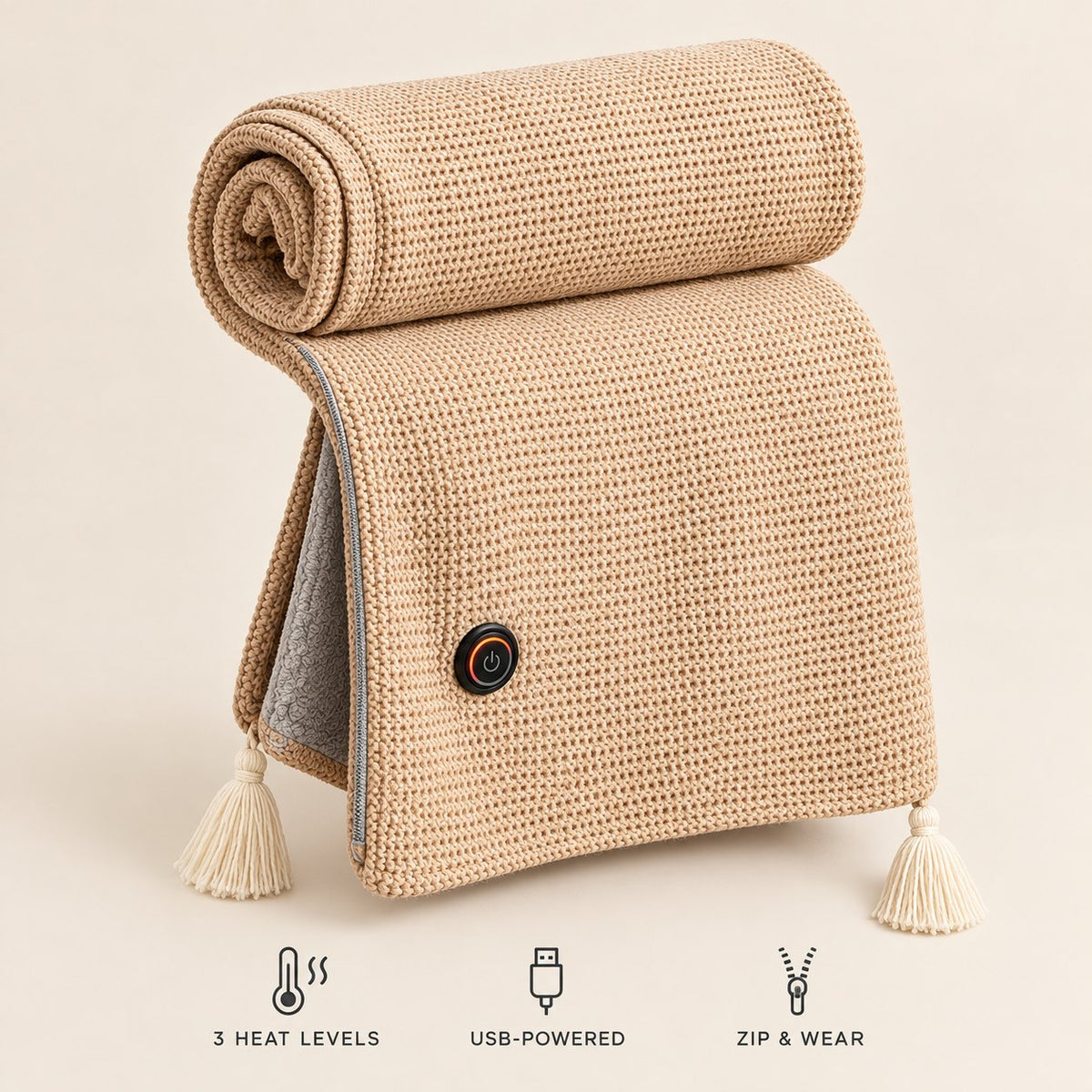 Heated blanket shawl in beige: soft knit, 3 heat levels, USB-powered