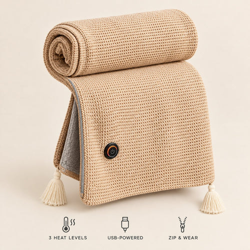 Heated blanket shawl in beige: soft knit, 3 heat levels, USB-powered