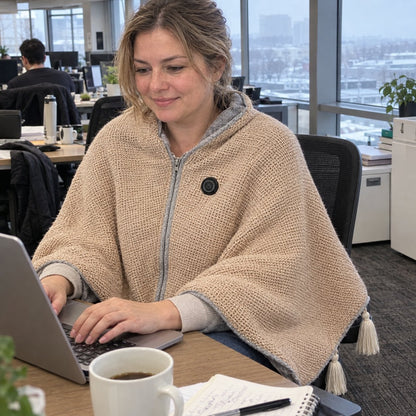 Wearing the heated shawl at a cold office desk