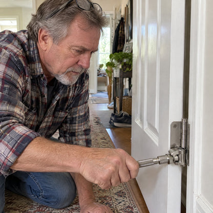 Man adjusting a door hinge with the wrench, door still in place